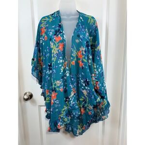 Kiimono CY Fashion Teal Floral Ruffle Trim Wrap Boho Festival Whimsigoth Spring